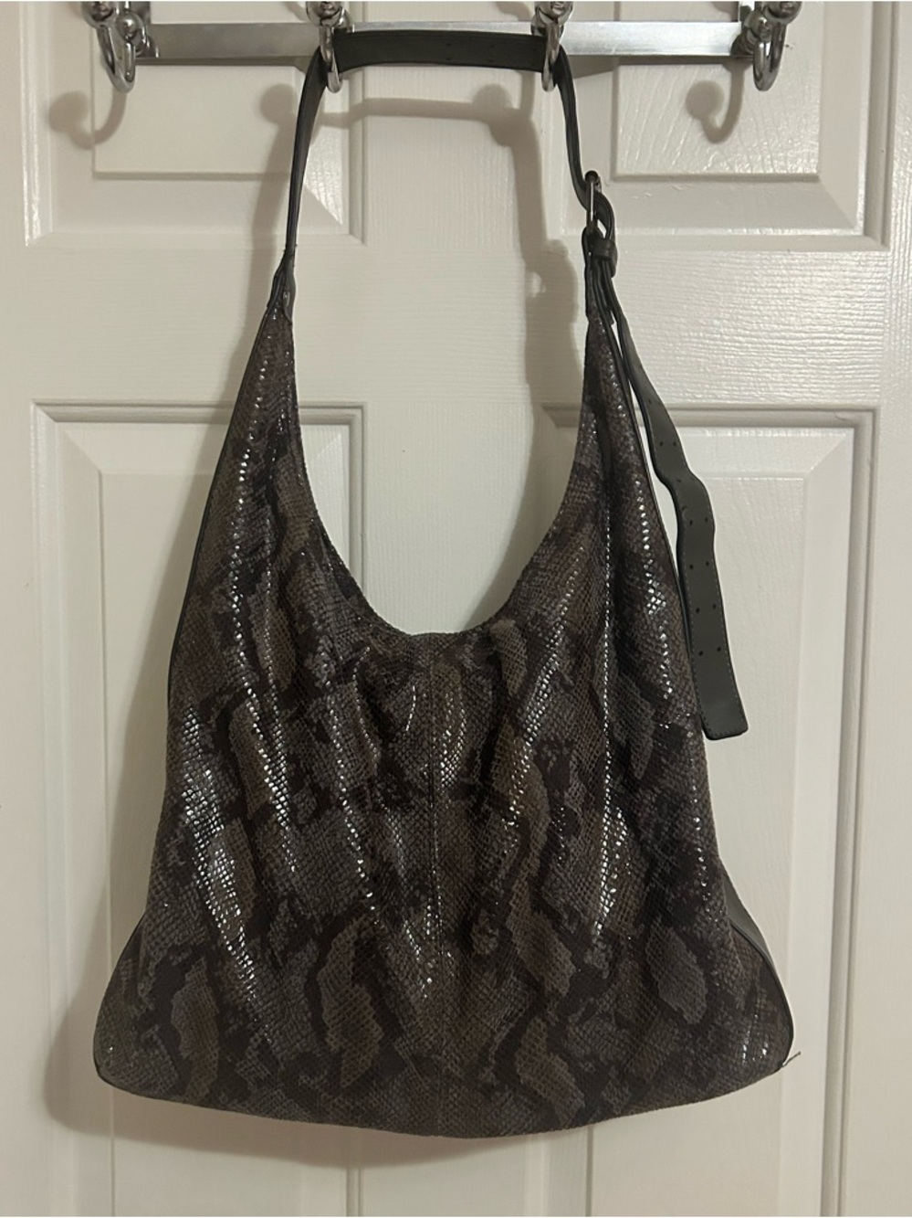 Snake-Print Shoulder Hobo Bag in Dark Brown Gray
